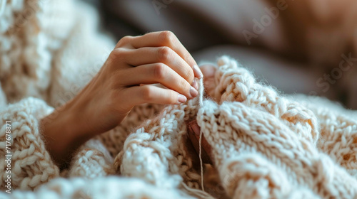 A woman knits a sweater with yarn. Selective focus.