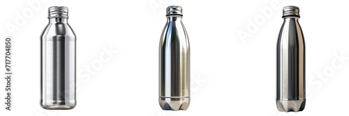 Metal Water Bottles Set Isolated on Transparent or White Background, PNG