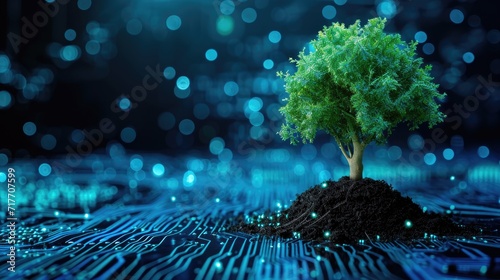 Tree with soil growing on the converging point of computer circuit board