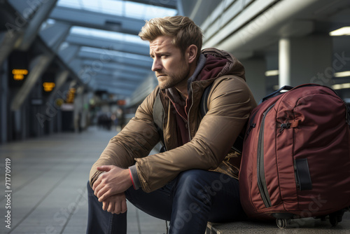 Pensive young man with backpack sitting and waiting at a train station. Traveler.