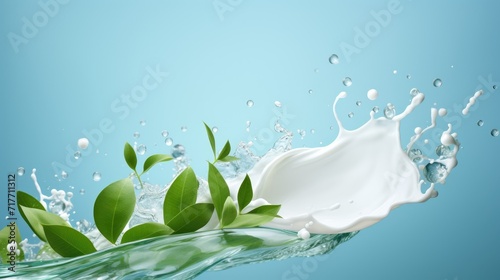 Splash of cosmetic cream skincare and green leaves on a light blue background. The concept of green cosmetics, organic natural facial cream, cosmetics with marin algae seaweed and beauty industry