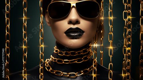 Woman Wearing Sunglasses With Gold Chain Necklace. Concept of a rich life. Banner.