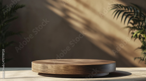 A dark brown wooden podium on brown room with tree background. Represent minimal, old money and quiet luxury. Geometry exhibition stage mockup concept.
