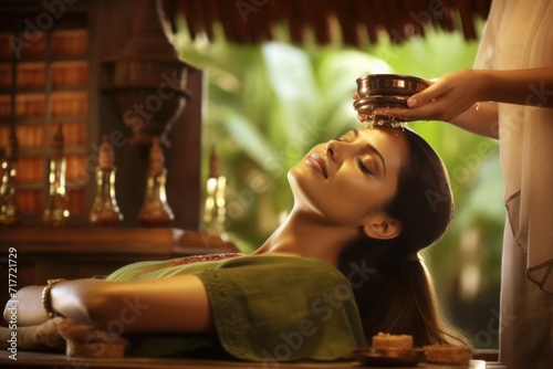 A woman undergoing Ayurvedic rejuvenation therapy in a spa