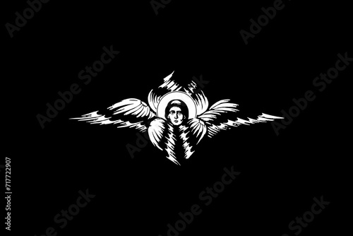Traditional orthodox image of angel. Christian antique illustration black and white in Byzantine style