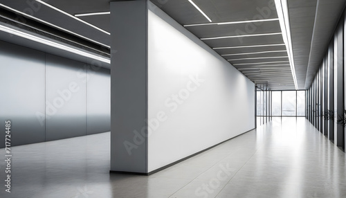 Perspective view of blank light wall with place for poster or banner in a modern office corr. Generative AI.