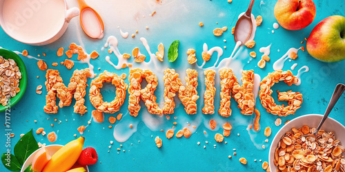 The word "MORNING" is spelled out in crunchy cereal on a bright blue background, surrounded by bowls of cereal, fresh fruits, and a pitcher of milk, creating a cheerful breakfast scene.