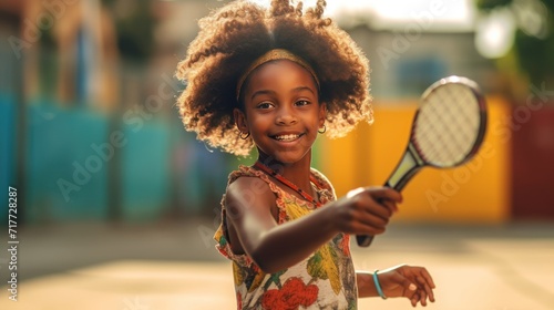 Close up of african girl wearing a sportswear holding a tennis racket and ball on court