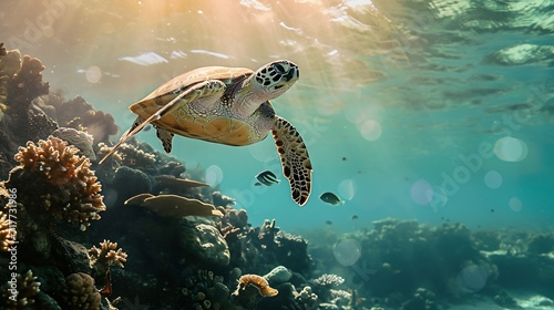 Generative AI : Hawksbill sea turtle swimming above the coral reef - Riviera Maya, Mexico