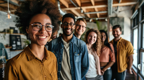 Diverse group of young adults smiling and posing against office background