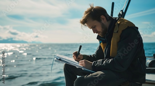 Generative AI : Marine biologist writing down data sitting on top of a boat in the middle of the sea