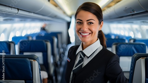 Professional female flight attendant with a welcoming smile in aircraft cabin, providing comfortable travel experience.