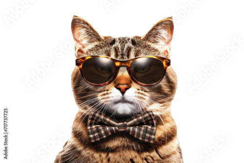 stylish cat wearing sunglasses and bow tie exuding confidence and flair on white background.