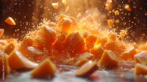 Vibrant explosion of orange fruit pieces in air, fresh citrus burst, dynamic food photography, high-speed shot. AI