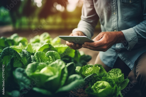 Close Up of a Young farmer using digital tablet inspecting fresh vegetable in organic farm. Agriculture technology and smart farming concept. 