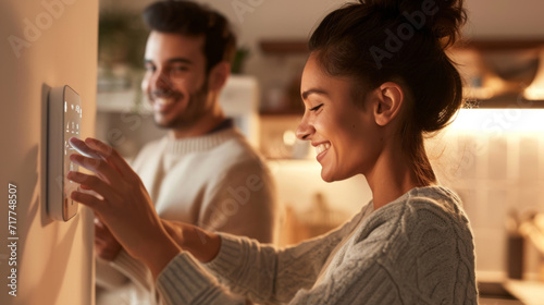 young couple interacting with a smart home control panel mounted on a wall