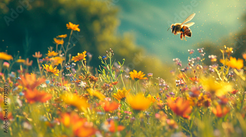 Bees in the meadow and apiary. Selective focus.