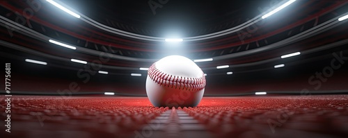 The focal point is a baseball in close-up, positioned at the heart of the stadium, poised for action.