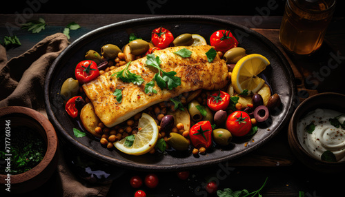 Roasted cod with potatoes green and red bell peppers