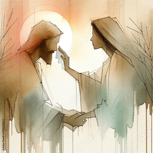 Veronica wipes the face of Jesus. Digital watercolor painting.
