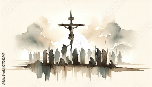 Jesus dies on the Cross. The Crucifixion and Death of Jesus. Digital watercolor painting.