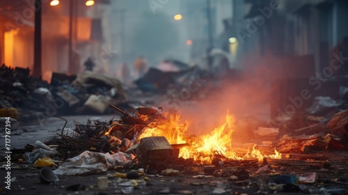 garbage burns on a ruined street against a blurred background of the ruins of old buildings.