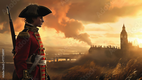 Redcoat soldier in London with the UK Houses of Parliament in the background showing the concept of the British Empire in the Georgian period leading to the American Revolutionary War, illustration