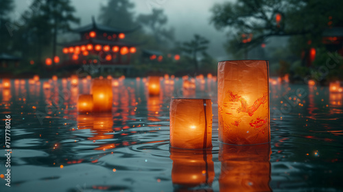 Chinese lanterns floating on the water