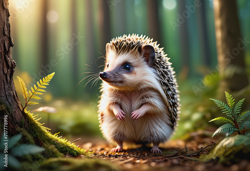 Hedgehogs stand in a rich forest with many kinds of flowers and
