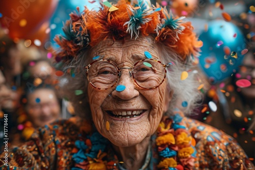 Golden Glamour: Elderly Woman Celebrating Birthday with Colorful Confetti Generative AI
