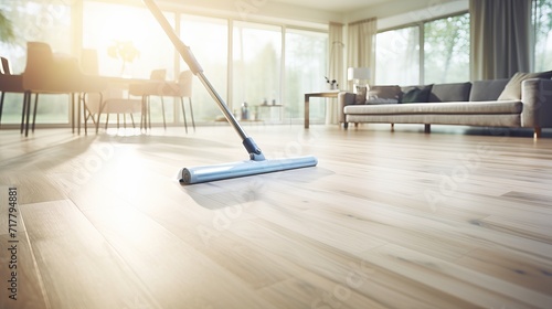 Floor cleaning with mop and cleanser foam - essential tools for sparkling parquet floors