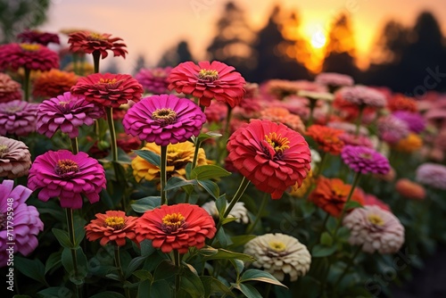 Zenith of Zinnias: Showcase the vibrant colors of zinnias against a twilight sky with bokeh lights.