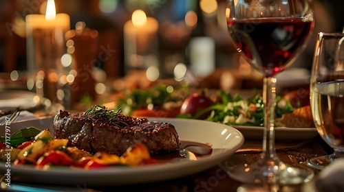 A plate of food and a wine glass on a table, with a variety of food, a steak.