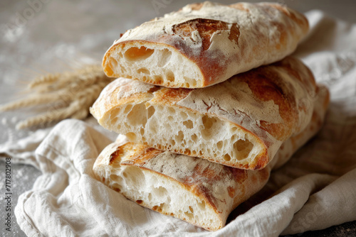 The elegance of ciabatta bread, emphasizing its textured crust and soft, porous interior