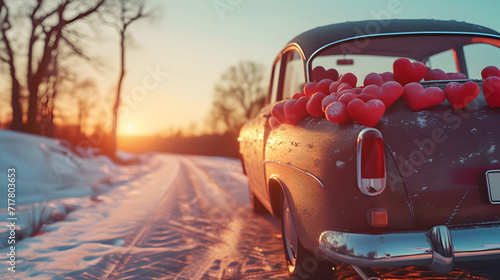 Red decorated vintage car in motion carrying Valentine's hearts in a winter countryside with snow cover in sunset backlight.