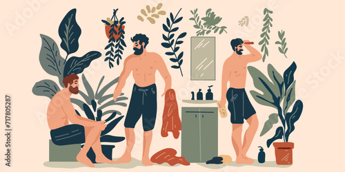 Set of young men with a beard in the bathroom with a towel, grooming, taking care of themselves, vector illustration in cartoon style