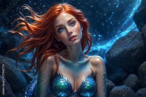 Meerjungfrau mit roten Haaren unter Wasser