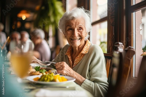 Senior woman in a retirement home, happily enjoying a healthy lunch, showcasing a lifestyle of well-being and contentment, Generative AI