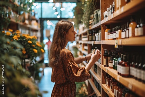 A candid image of a woman keenly browsing natural, eco-friendly cosmetic products in a store, reflecting a conscious, sustainable lifestyle, Generative AI