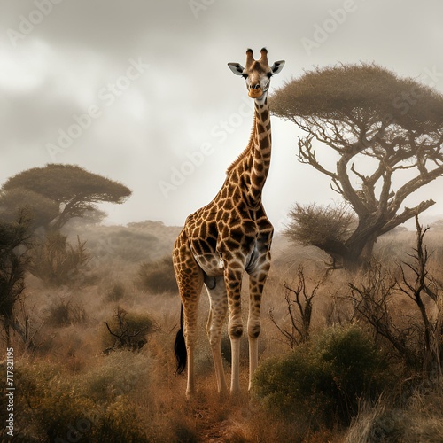 Girafe in savanna , African animal. AI generation