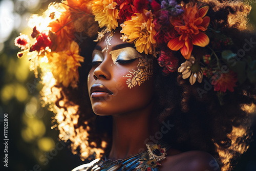 Portrait of mother nature. Close up of afro american woman with a floral blossom colorful hairstyle.