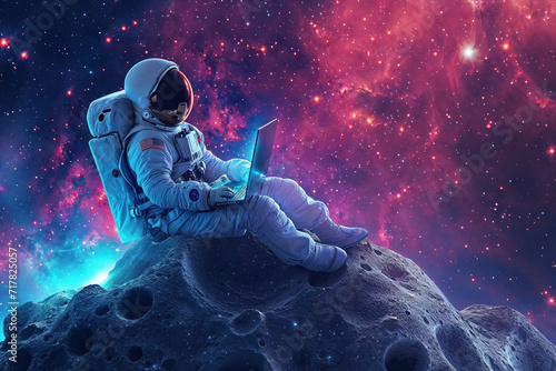 An astronaut with a reflective visor typing on a laptop against a cosmic backdrop