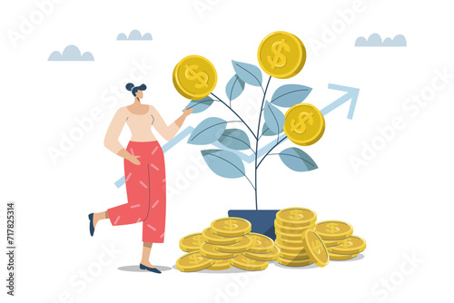 Profit growth or increased income from investments, Interest from deposits or wealth from savings, Female investor takes care of growing money plant and is issuing coins. Vector design illustration.