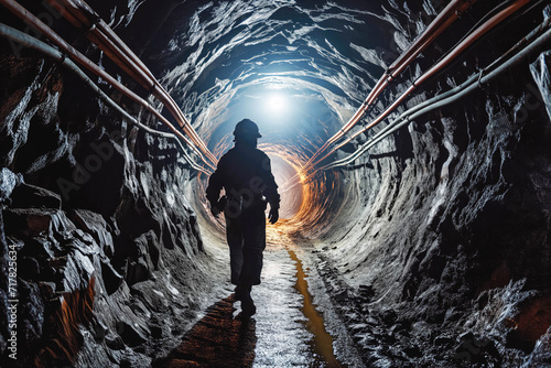 Coal mine worker in underground tunnel. Coal mining in mine. Miner in underground mine on coal mining work.
