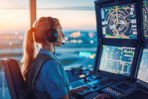 Woman working as air traffic controller in airport control tower. Women is waiting to tell the pilot of the plane that it can land safely.
