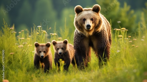 Brown bear, mother and two cubs on green field Wild animals in summer nature