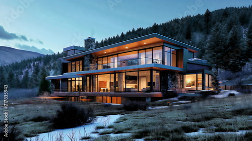 An energy-efficient modern mountain residence featuring a geothermal heating system that harnesses the warmth of the earth to create a sustainable and environmentally friendly haven