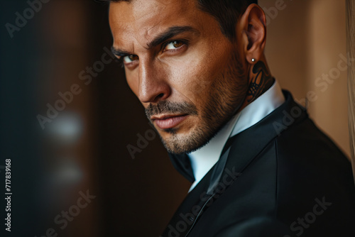  tanned skin, hot and attractive Italian mafia billionaire with a tattoo on his neck , wearing a luxurious black suit. Looking at camera with piercing and sensual gaze .