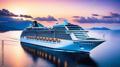 Sailing into the Sunset: A Luxury Cruise Ship’s Majestic Journey on Serene Waters