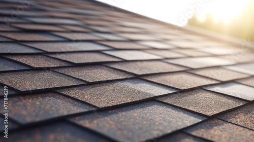 Detailed Close-Up of Architectural Asphalt Shingles Installation on Roof Edge for Construction and Renovation Background Texture.